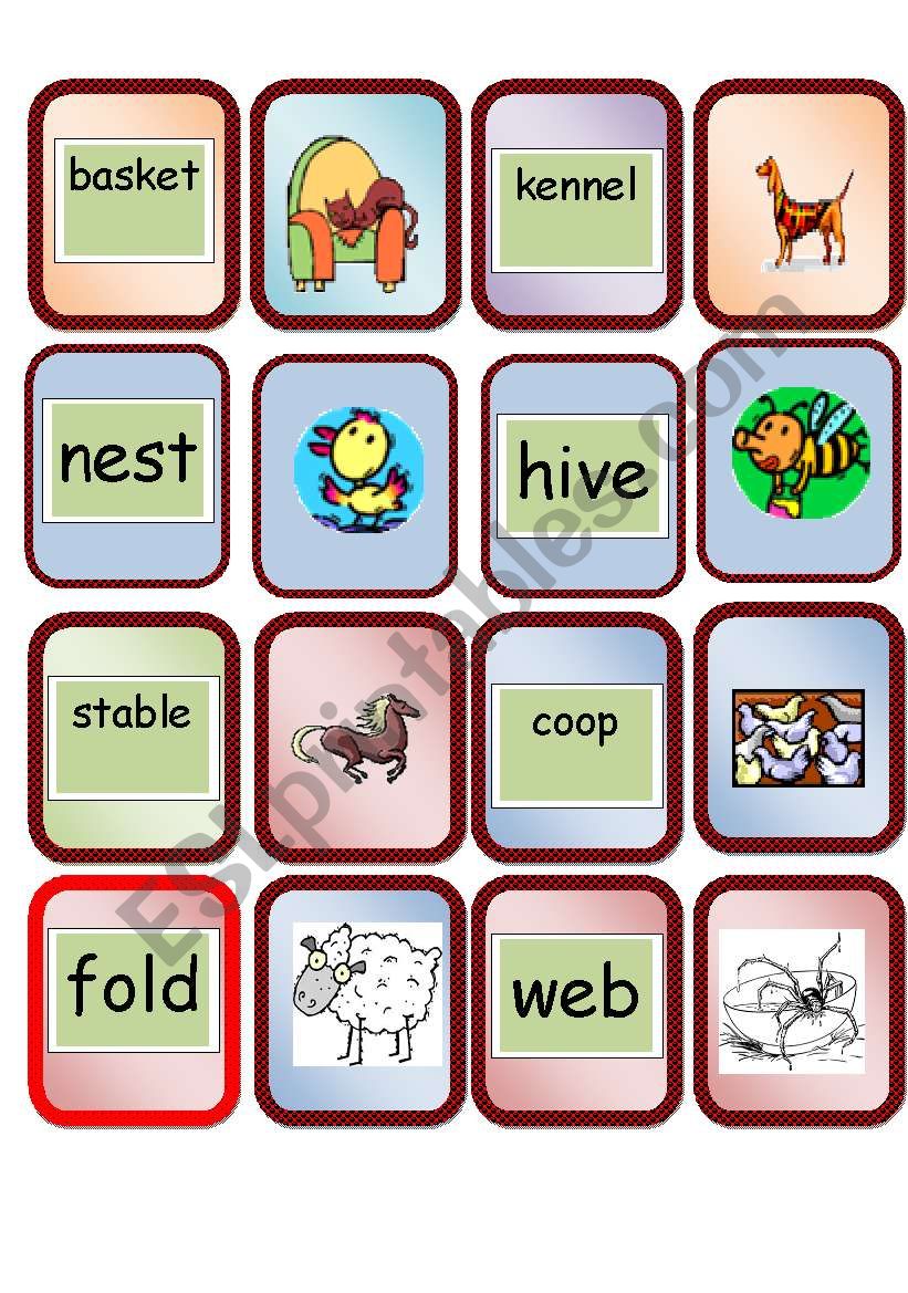 card game animal homes worksheet