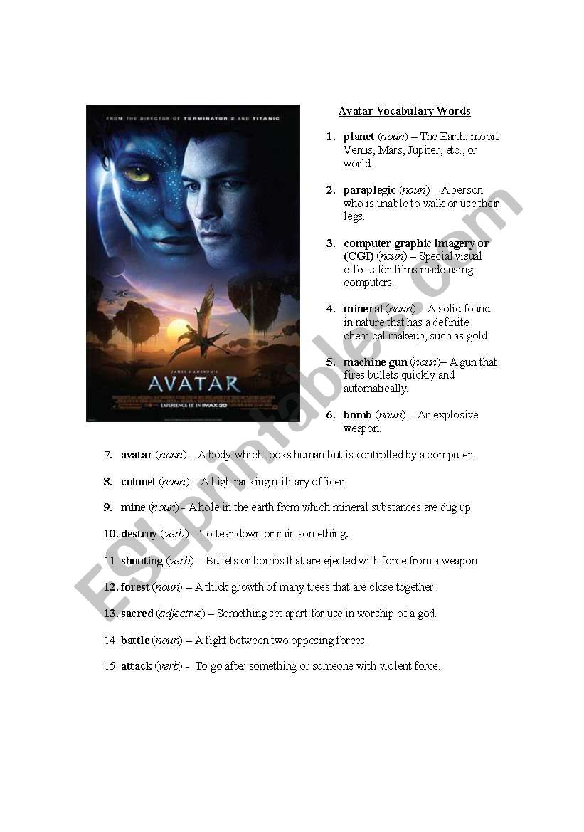 Avatar Movie Vocabulary Sheet worksheet
