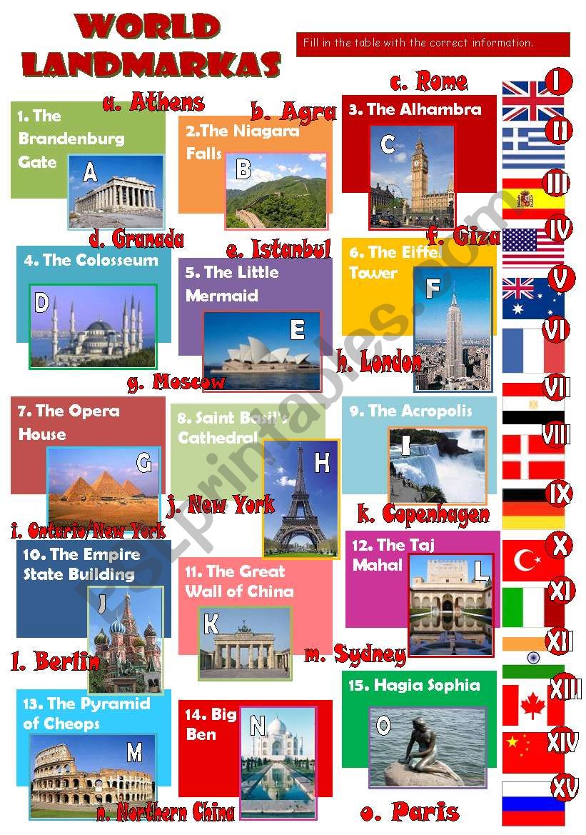 World landmarks (2 pages) worksheet
