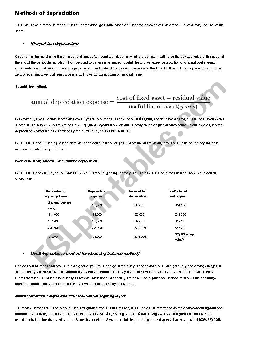 methods of depreciation worksheet