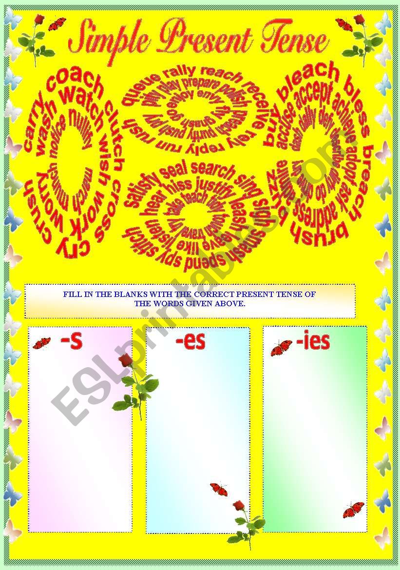 SIMPLE PRESENT TENSE - WORD LEVEL (WITH B/W AND ANSWER KEY)