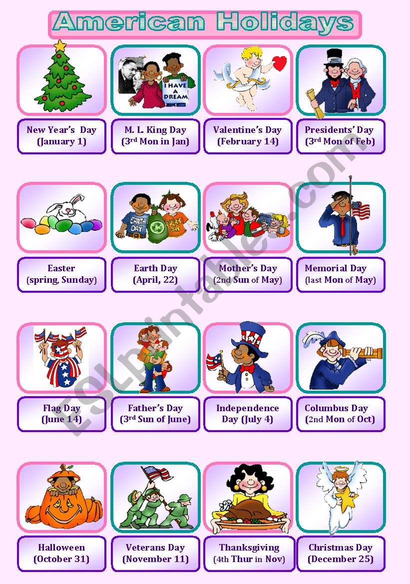 American Holidays pictionary worksheet