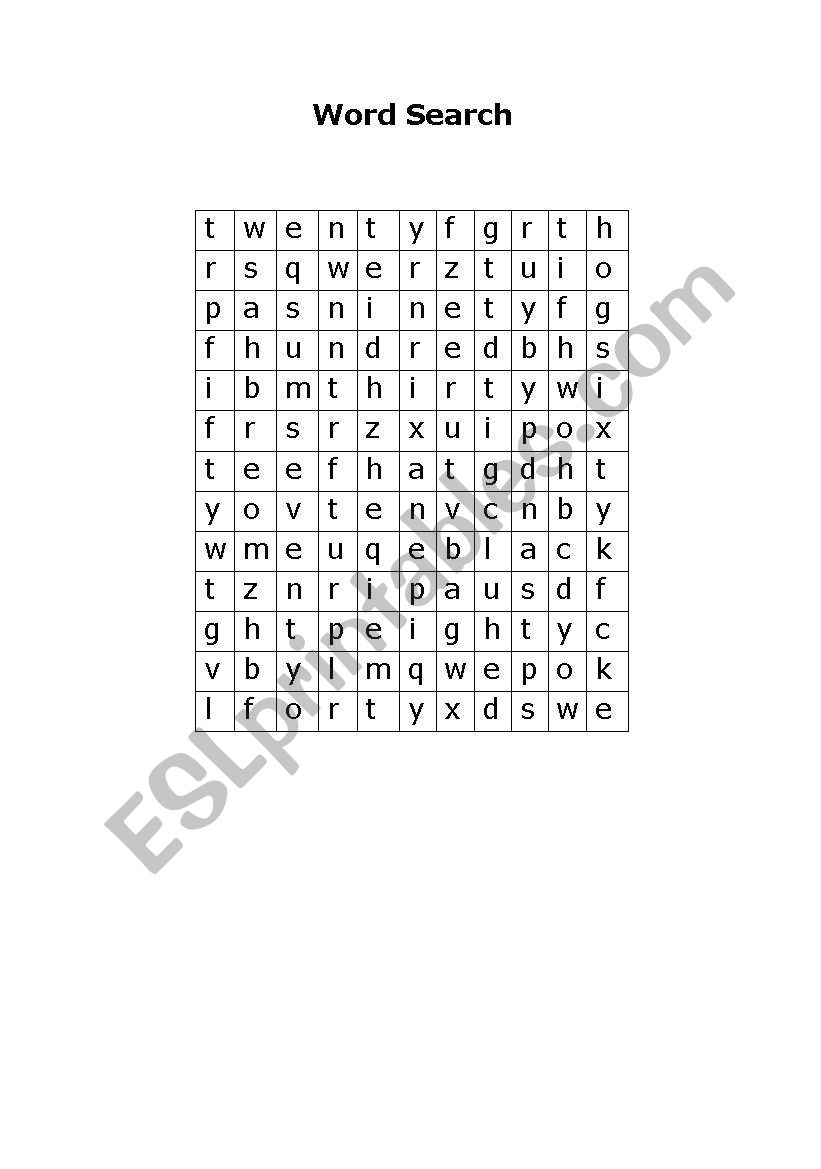 Word Search Numbers 10-100 worksheet