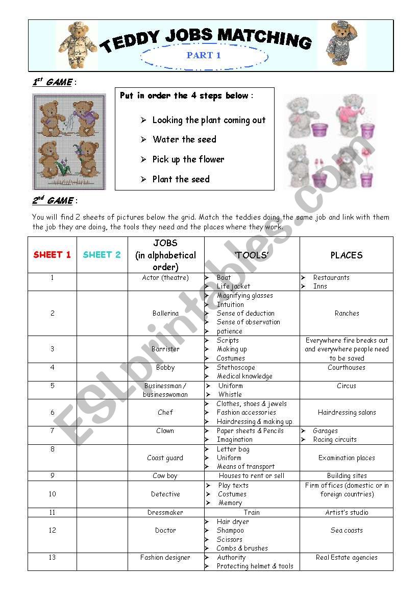 teddy jobs matching 1 worksheet