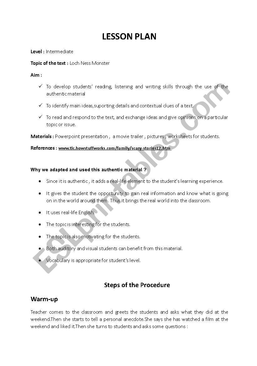 Loch Ness Monster Lesson Plan Adapting a Source