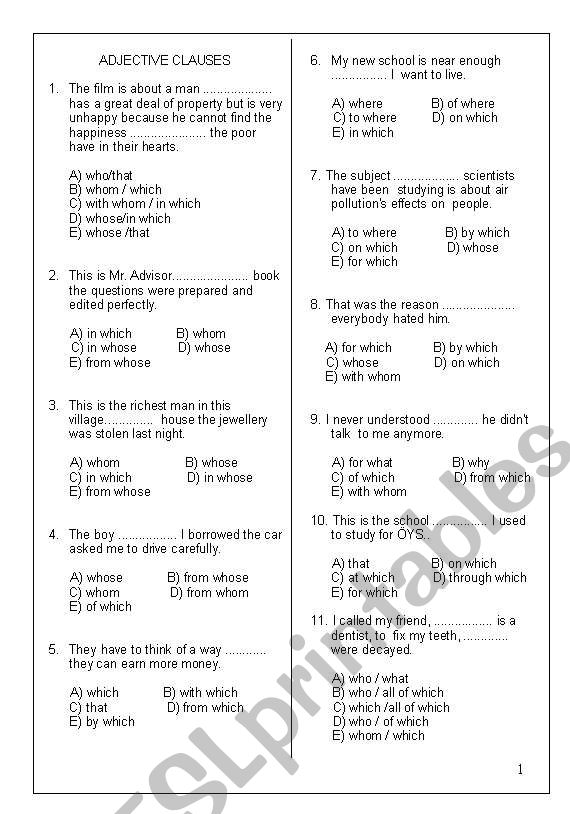 adjective clauses worksheet