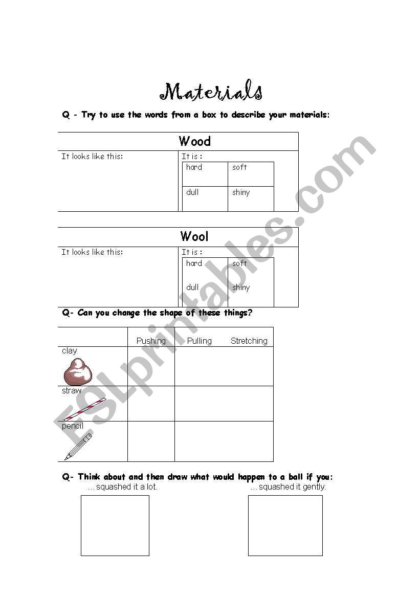 materials worksheet