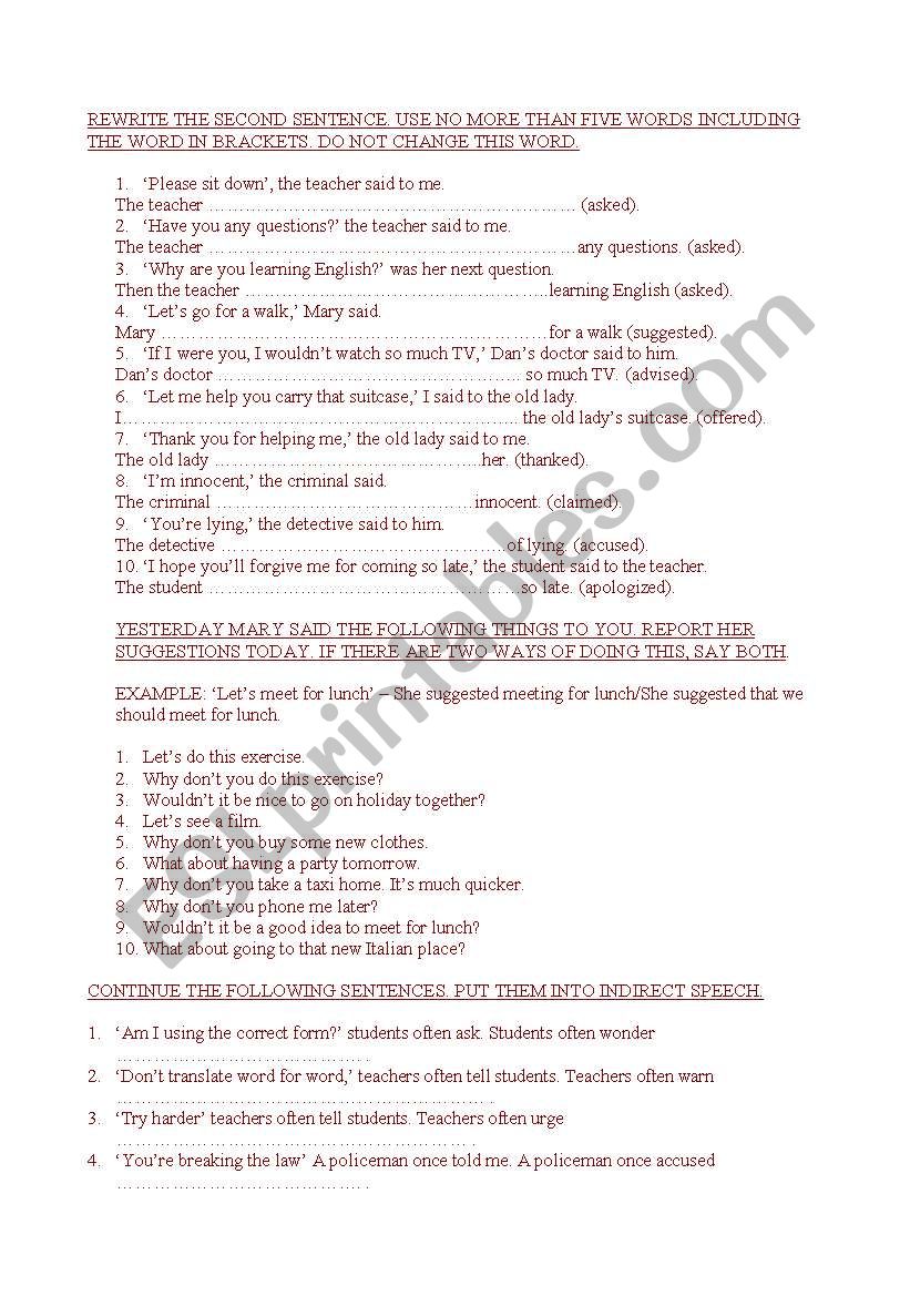 reported speech worksheet