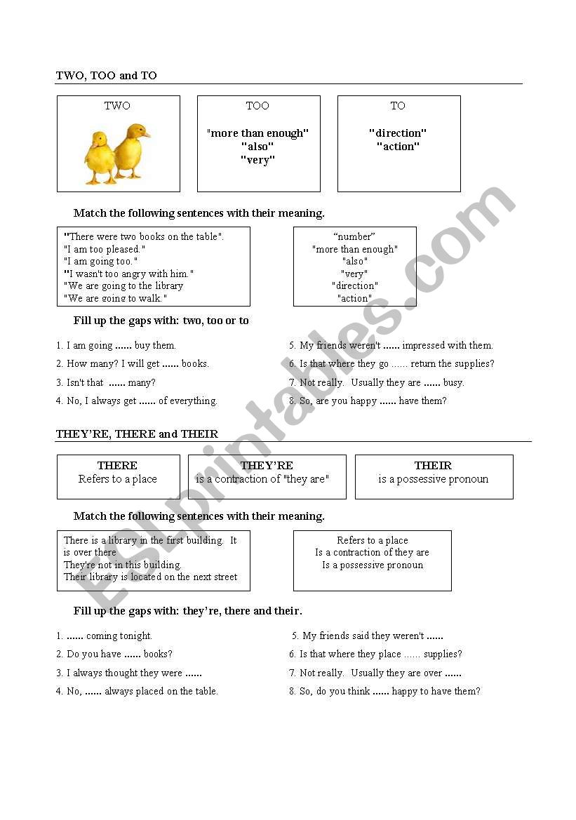 English worksheets Homophonic wordstwo/too/to and they´re,their and there