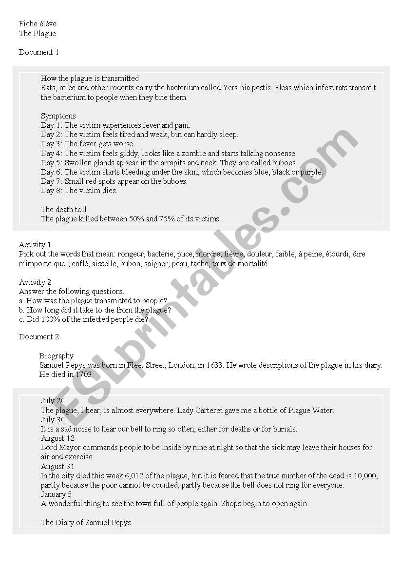 the Plague  london 1665 worksheet