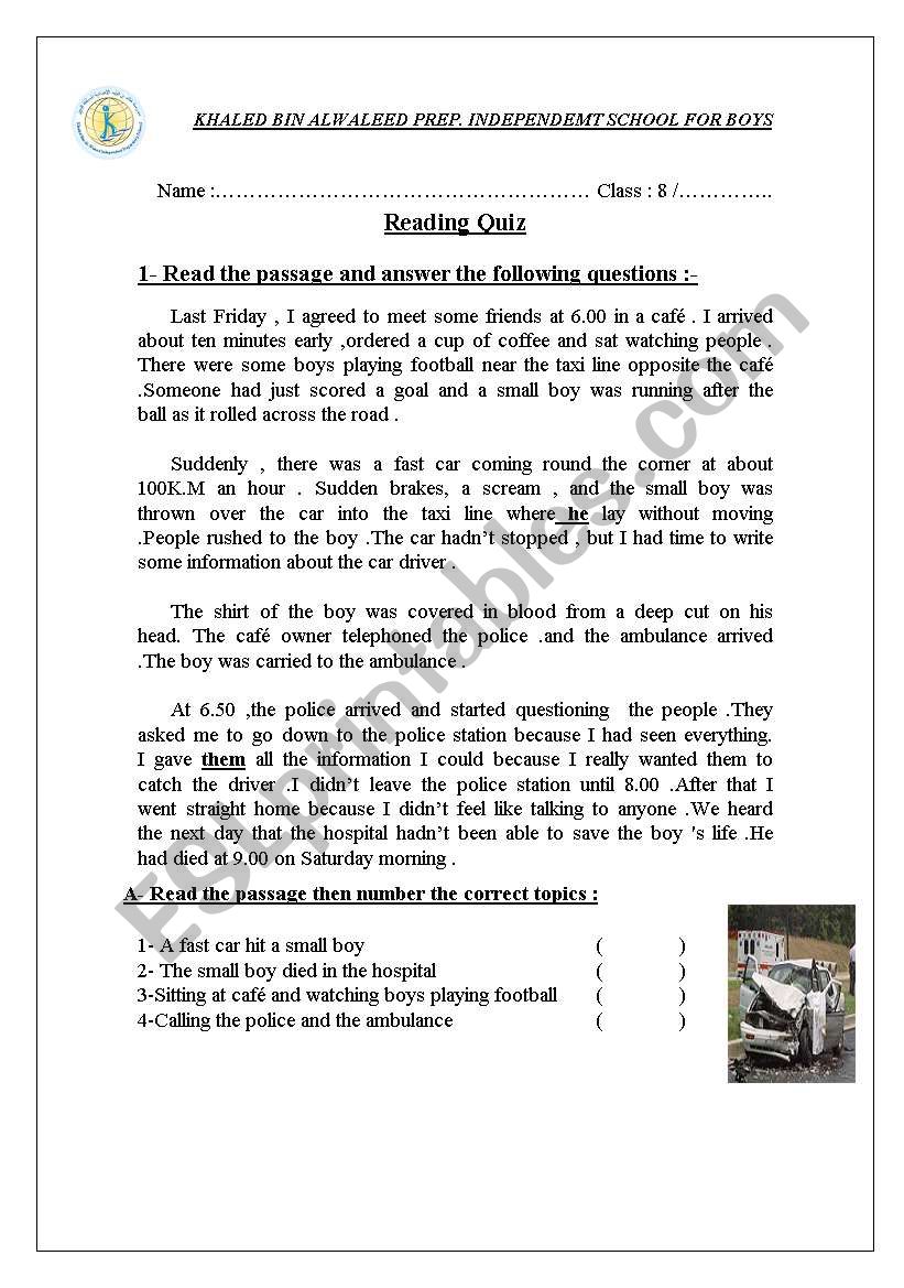 accident reading comprhension worksheet