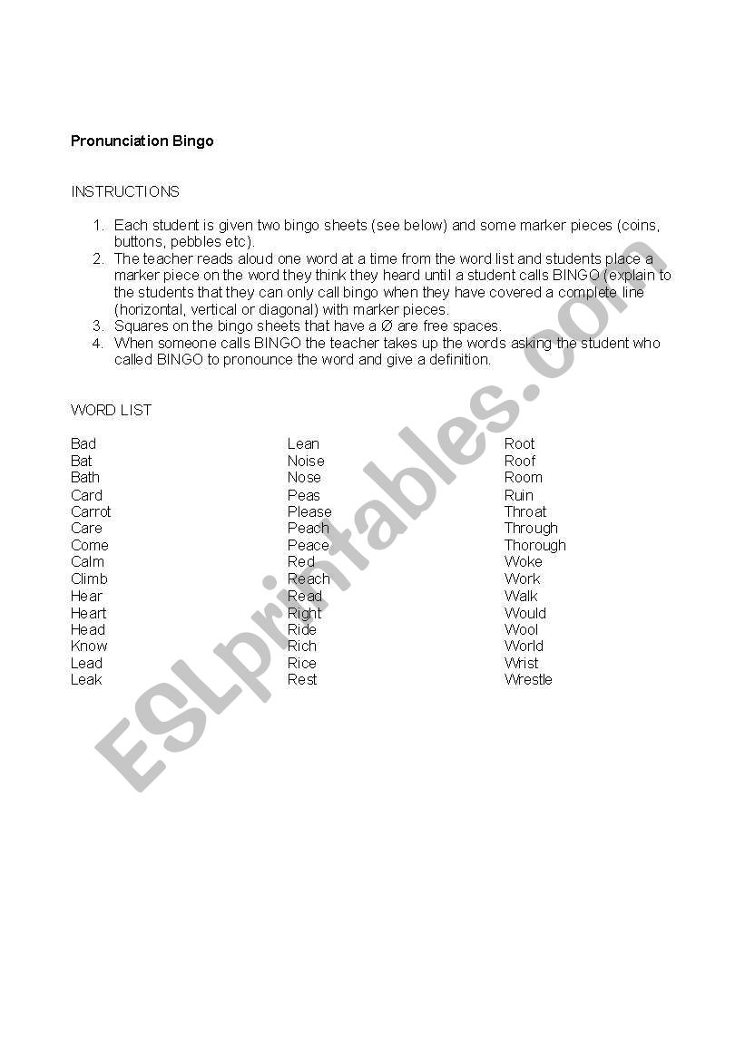 Pronunciation Bingo worksheet