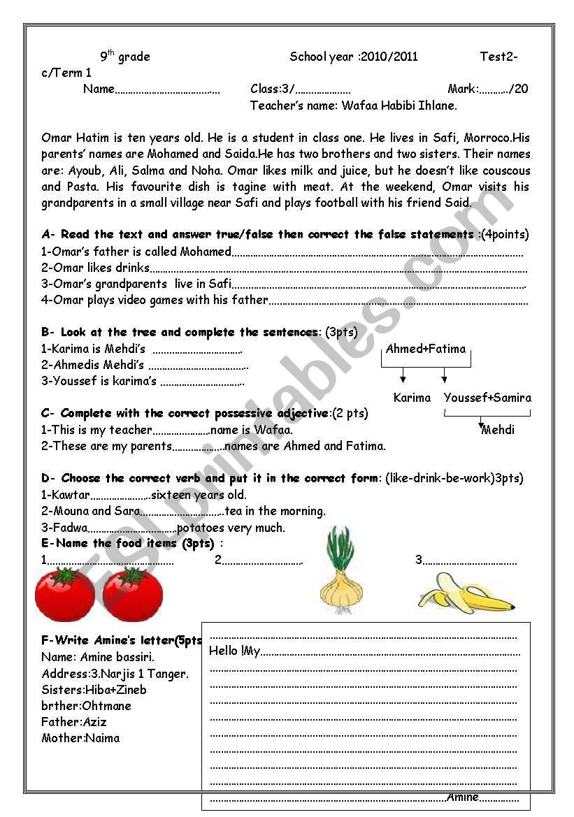 9th grade test- elementary worksheet