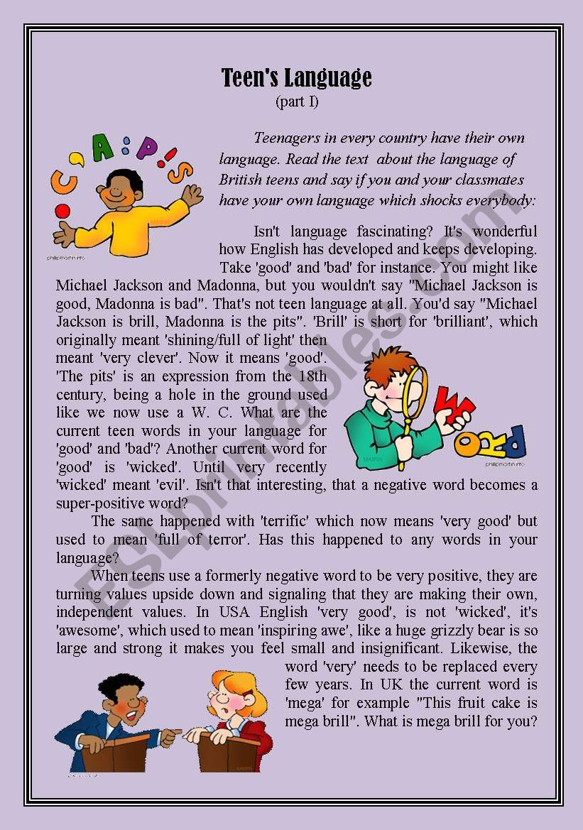 Teens Language (part 1) worksheet