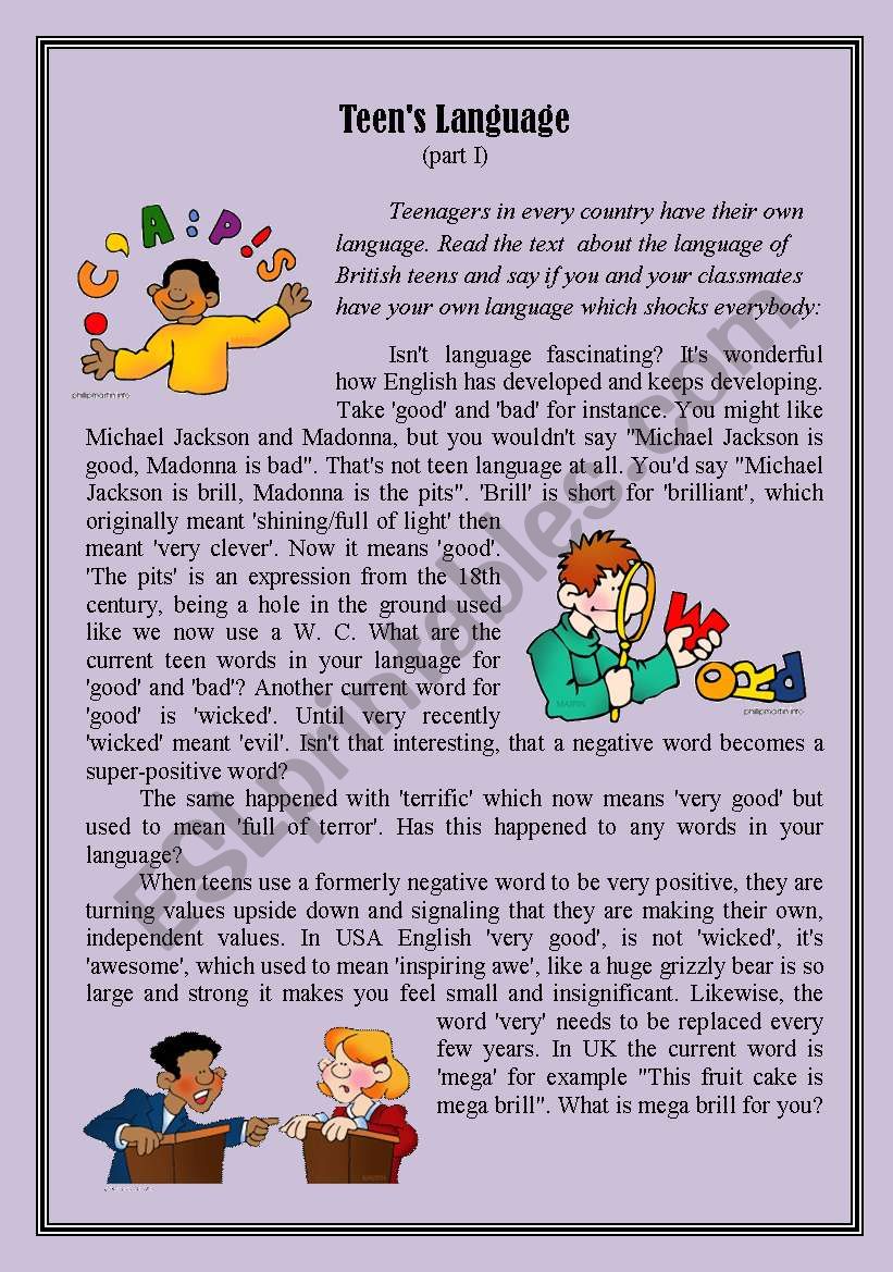 TeenÂ´s Language (part 1) worksheet