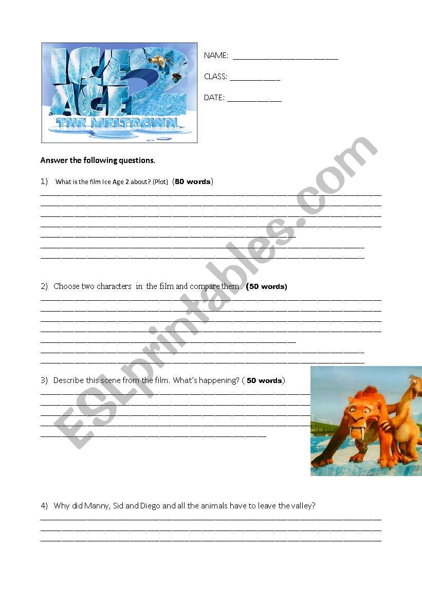 Ice Age Two test worksheet