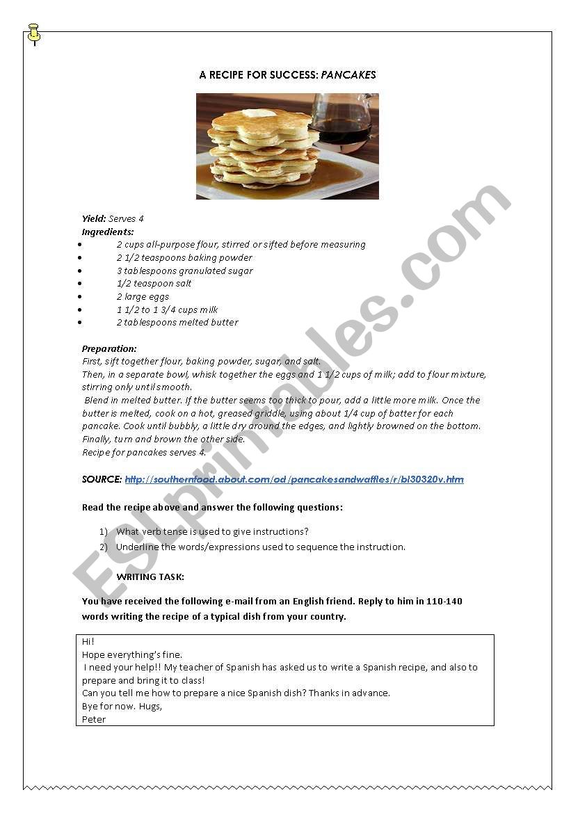 HOW TO WRITE A RECIPE. GUIDELINES AND SAMPLE TEXT - ESL worksheet