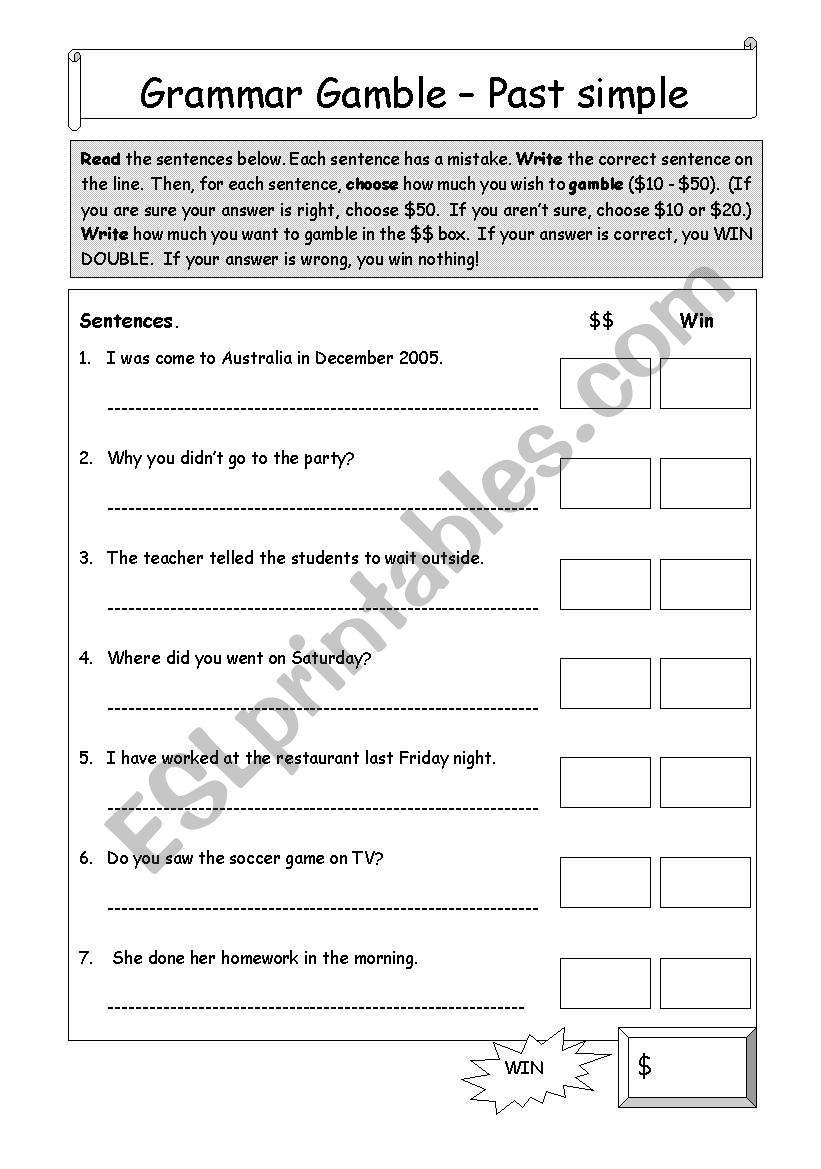 Past simple game worksheet