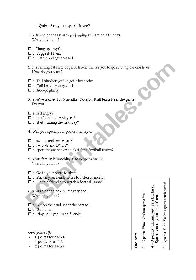 Sports quiz worksheet