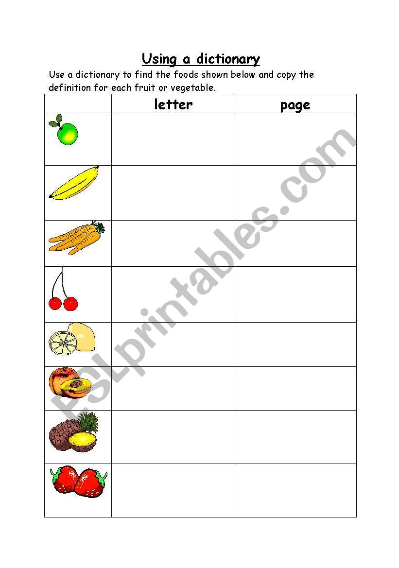 First Dictionary Skills worksheet