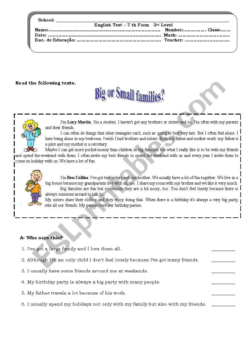 Big or small families worksheet