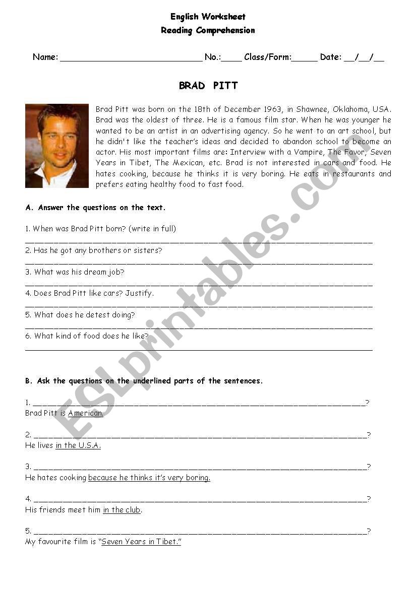 Brad Pitt worksheet