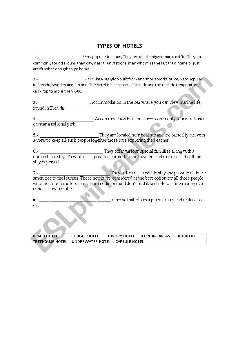 TYPES OF ACCOMODATIONS worksheet