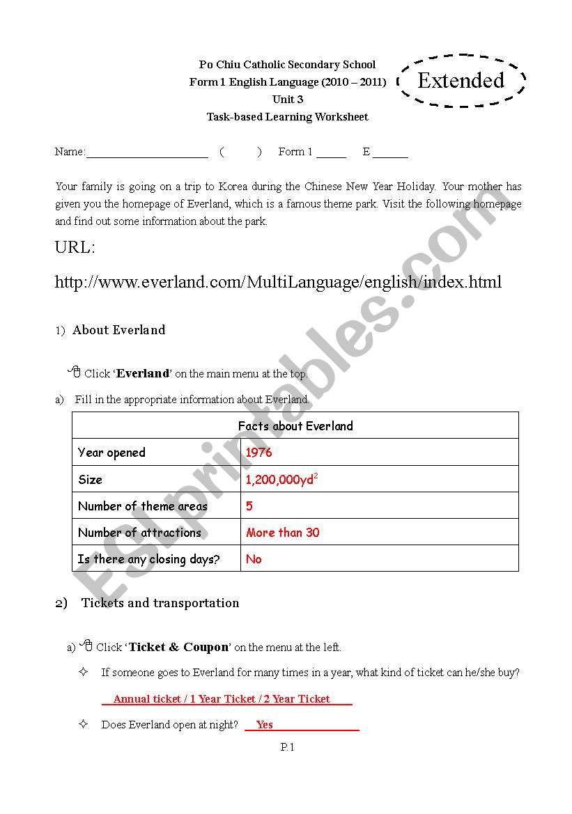 Task based worksheet - Theme park