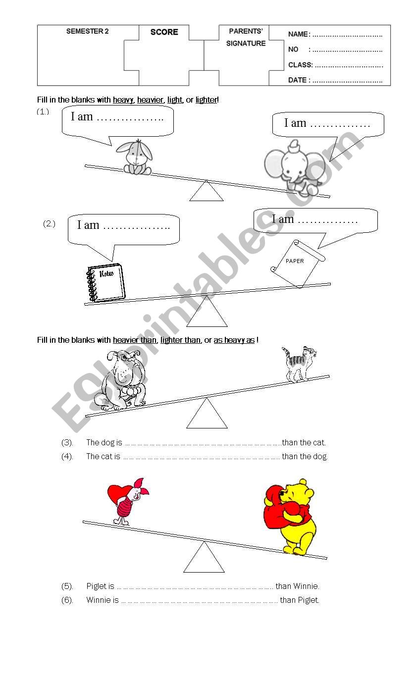 animals weight worksheet