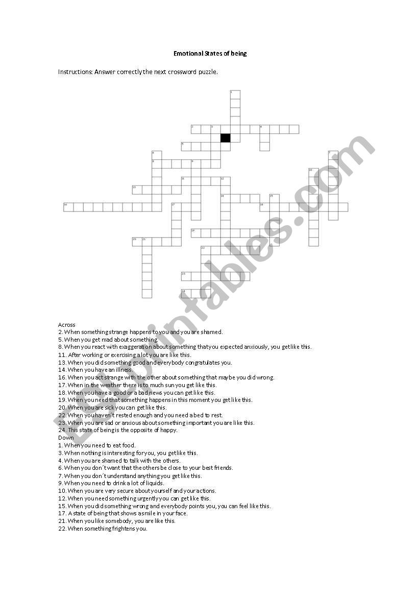 Crossword puzzle - Emotional States of being