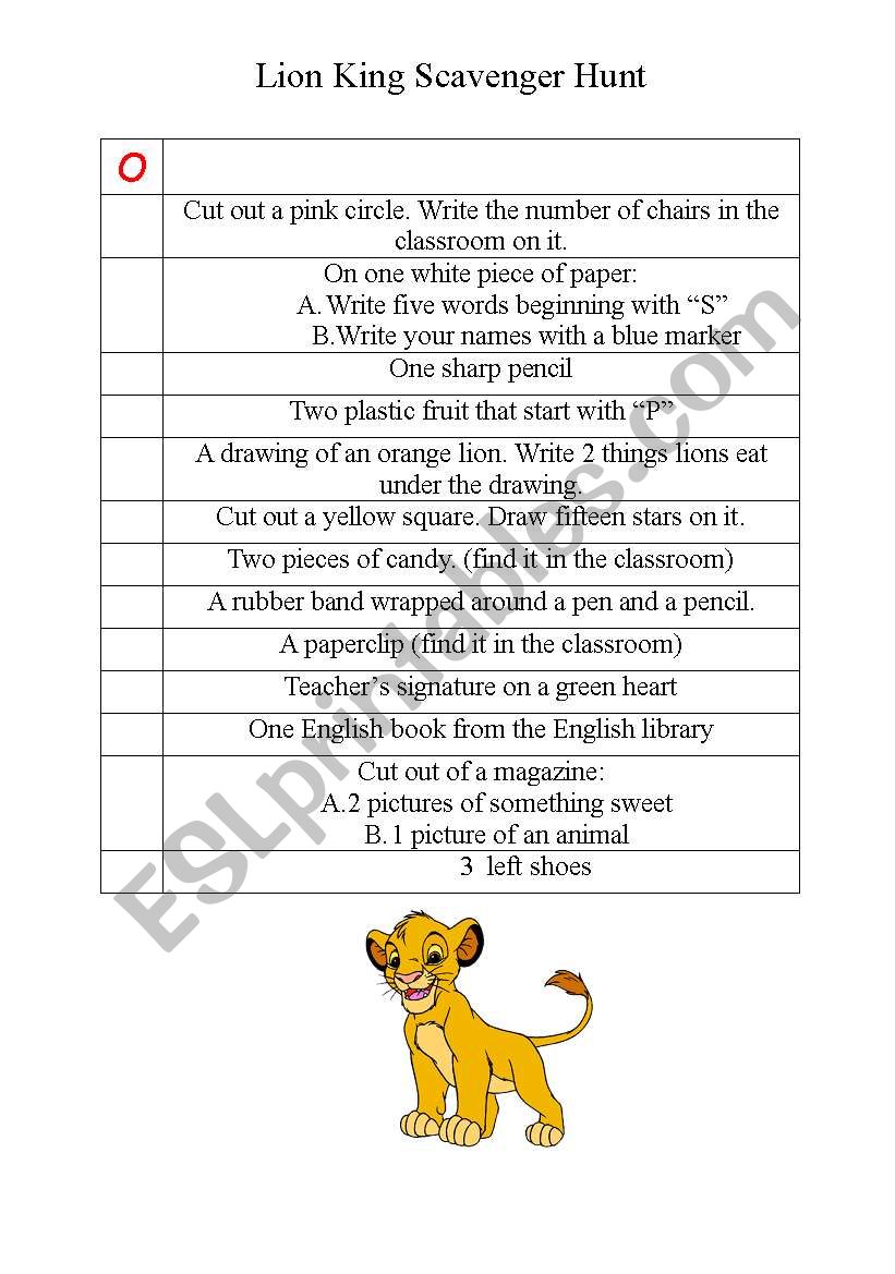 Lion King themed Englisg Scavenger HUnt