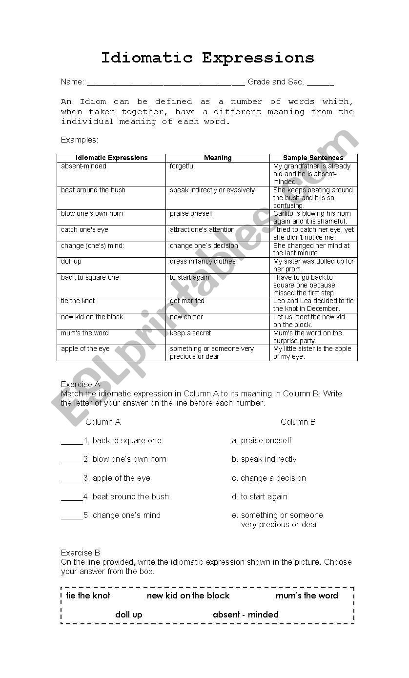 Idiomatic Expressions worksheet