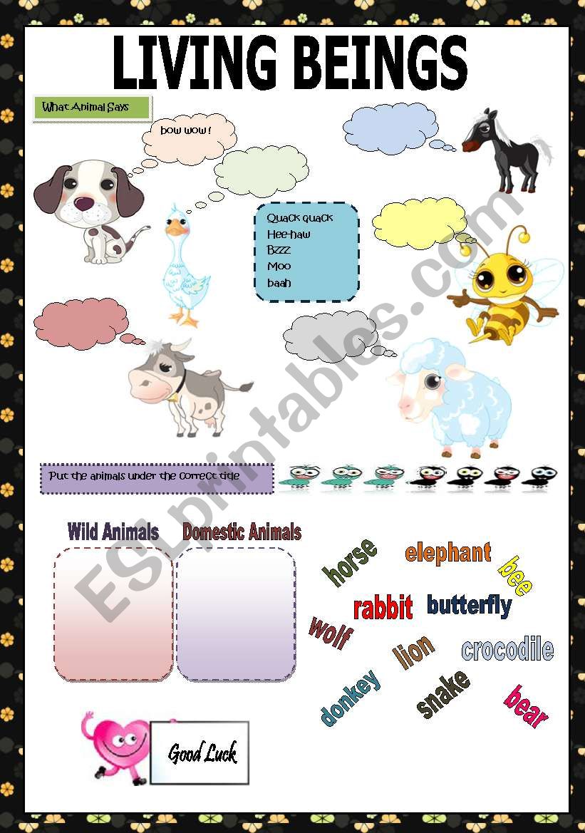 ANIMALS -LIVING BEINGS worksheet