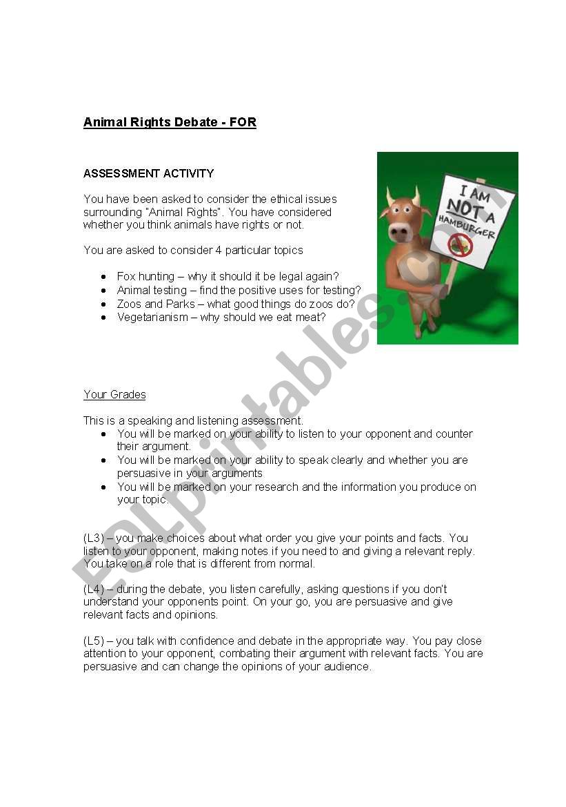Animal Rights Debate - assessment sheet (for) - ESL worksheet by Tee_J85