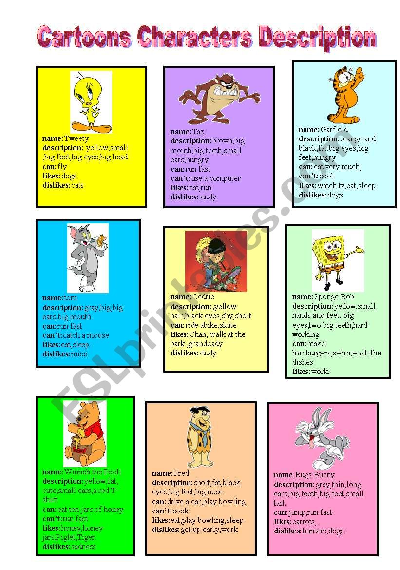 cartoons Characters Description Cards