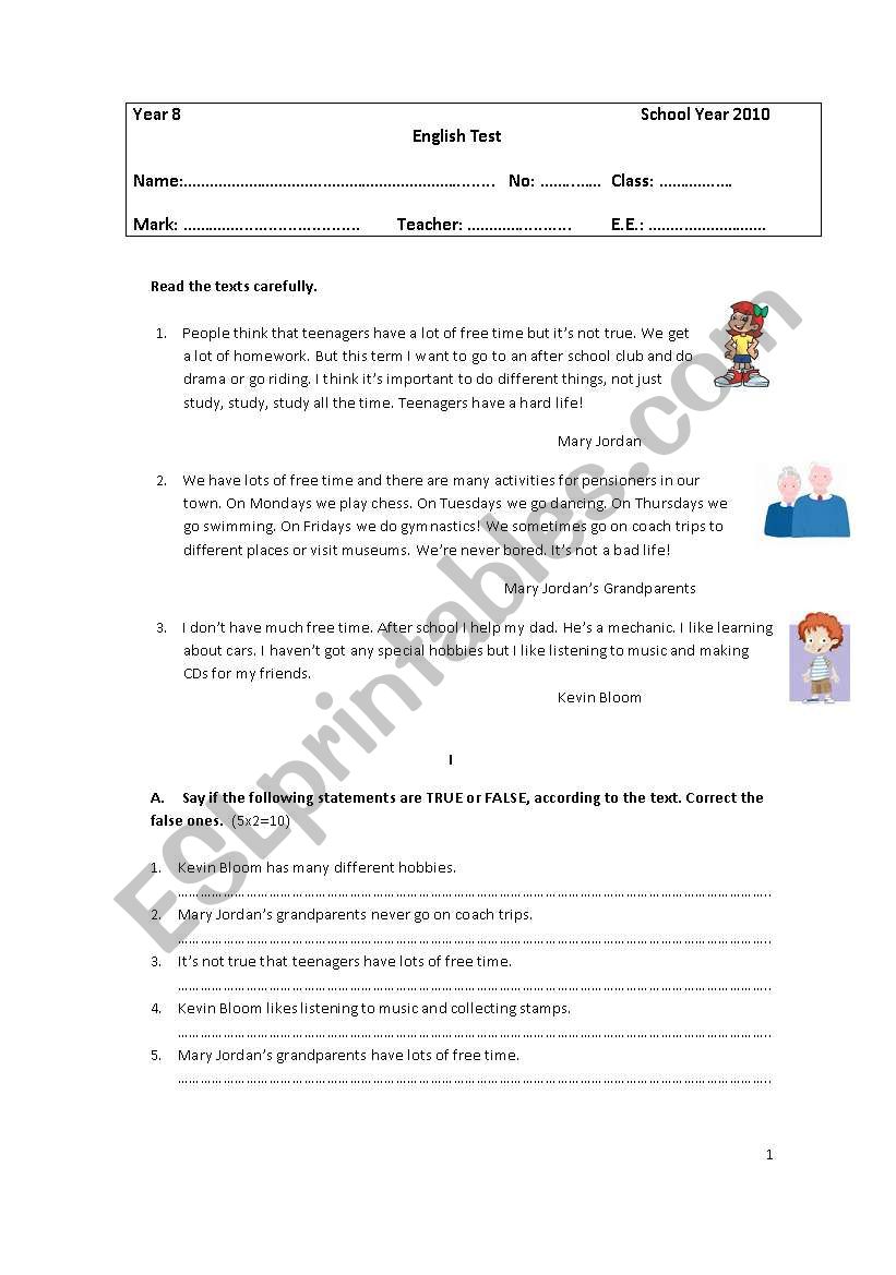 Test for grade 8th worksheet