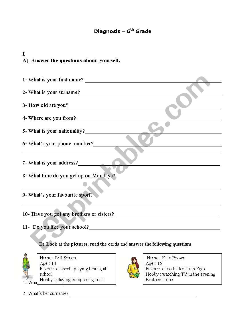 Diagnosis 6th grade worksheet