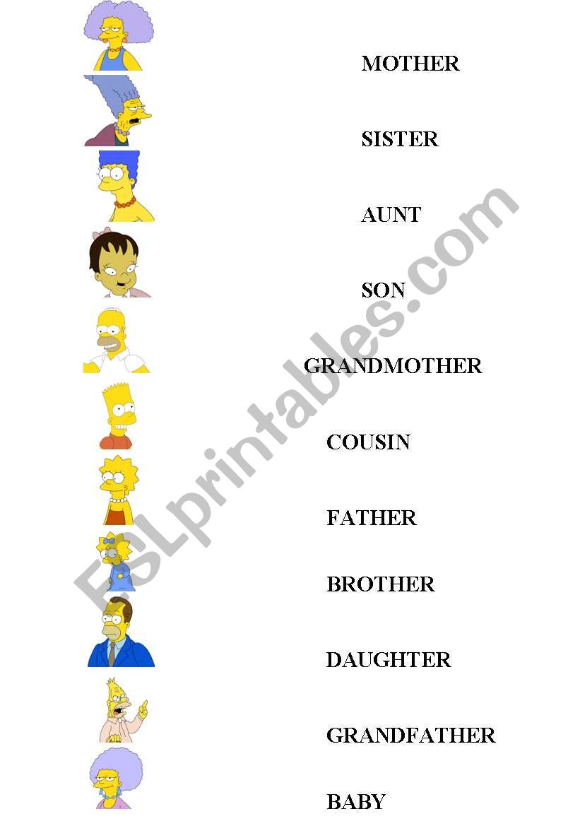 Simpsons family match worksheet