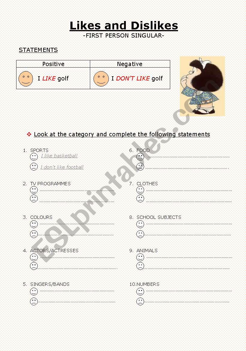 likes and dislikes worksheet