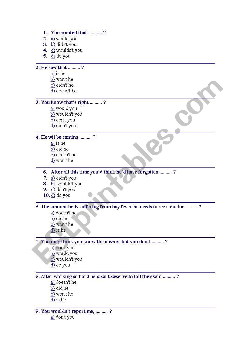 Question Tags Multiple Choice 