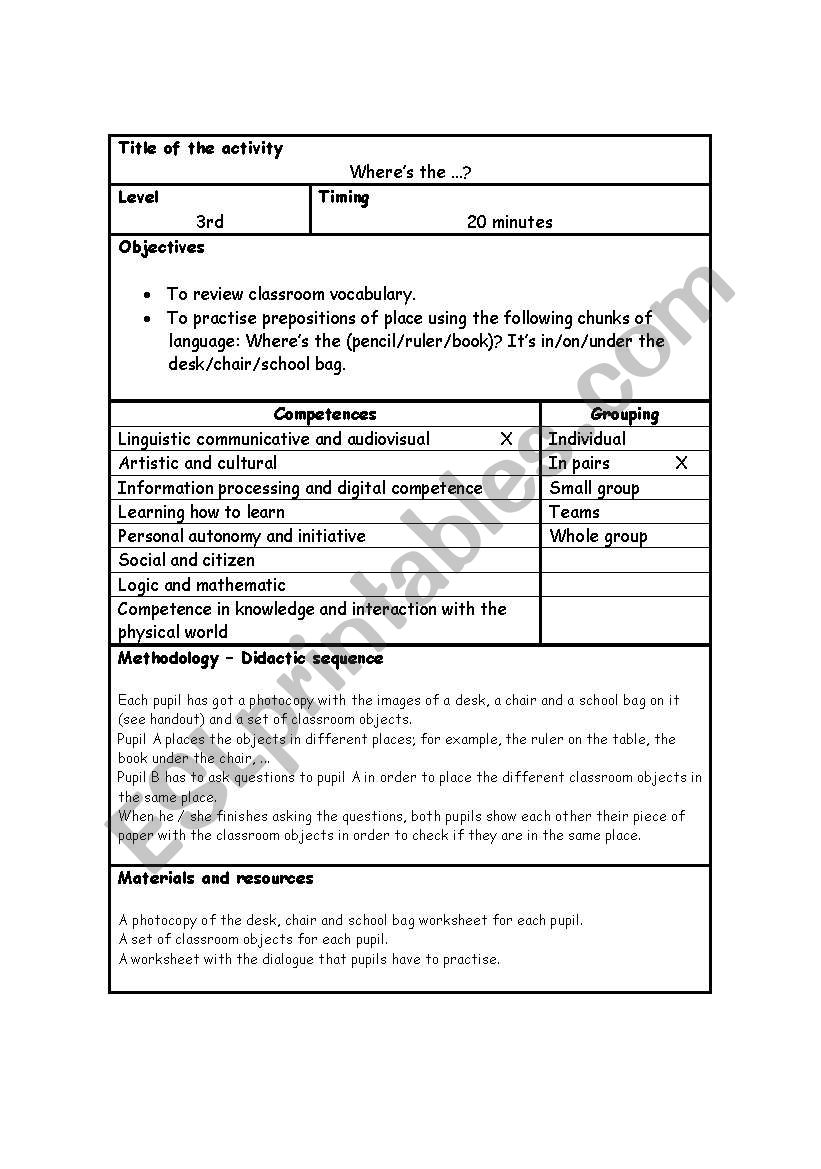 Prepositions pair game worksheet