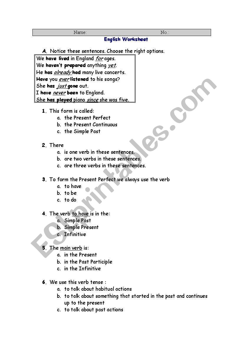 present perfect worksheet