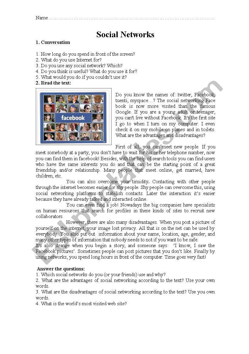 Facebook reading worksheet