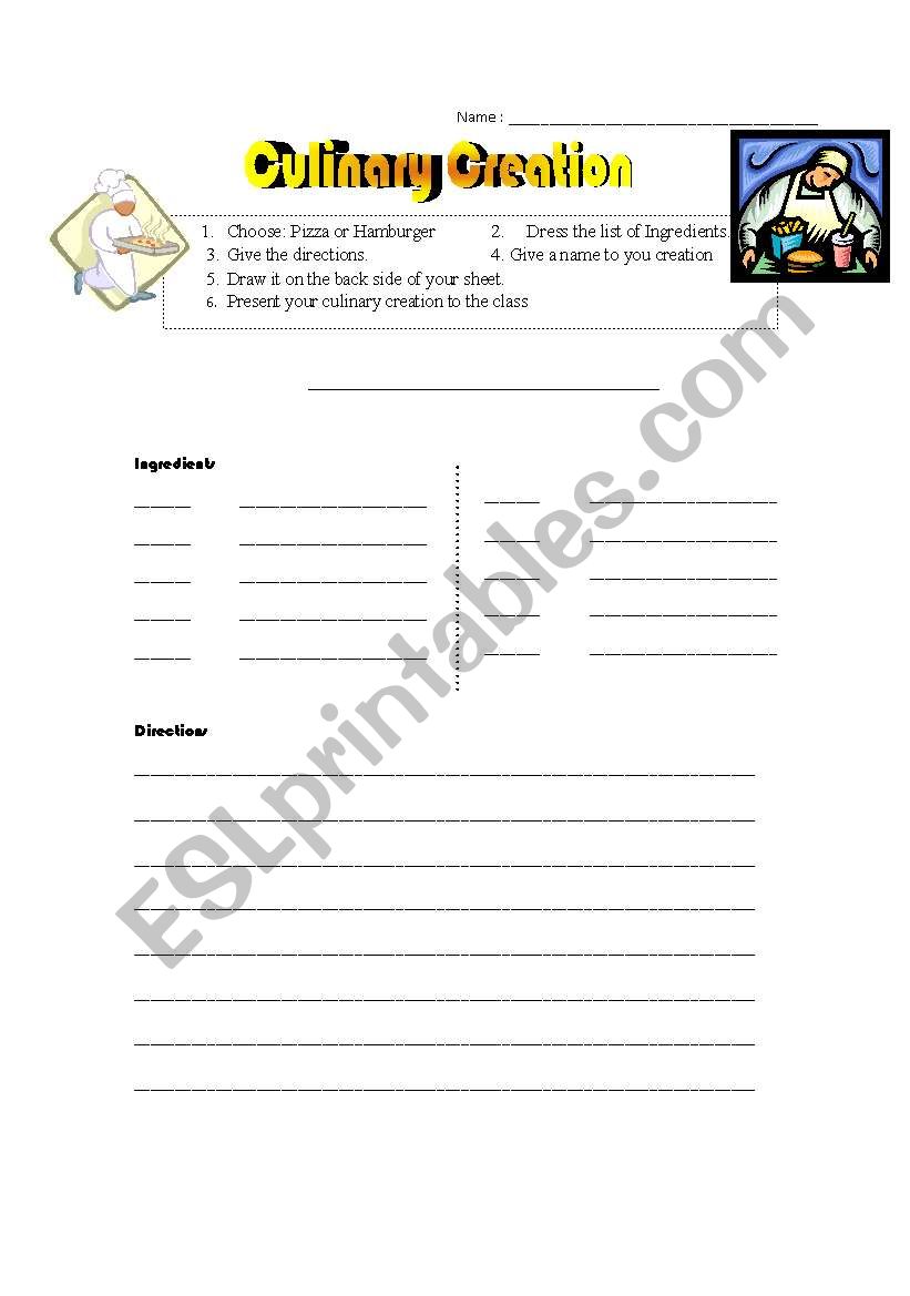 Culinary Creation worksheet