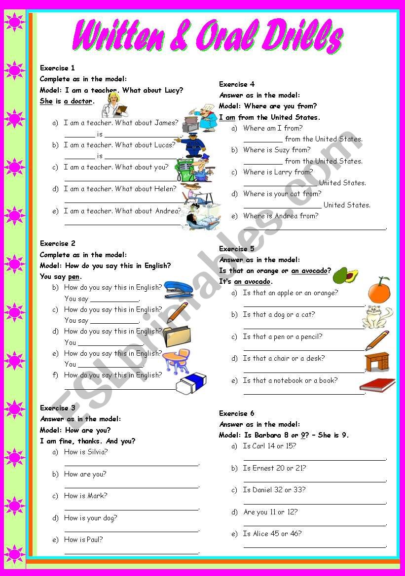 Unit 1, Lesson 1  Written & Oral Drills  to be, personal pronouns, occupations, people, animals, fruit - with transcriptions and teachers directions ((4 pages)) ***editable