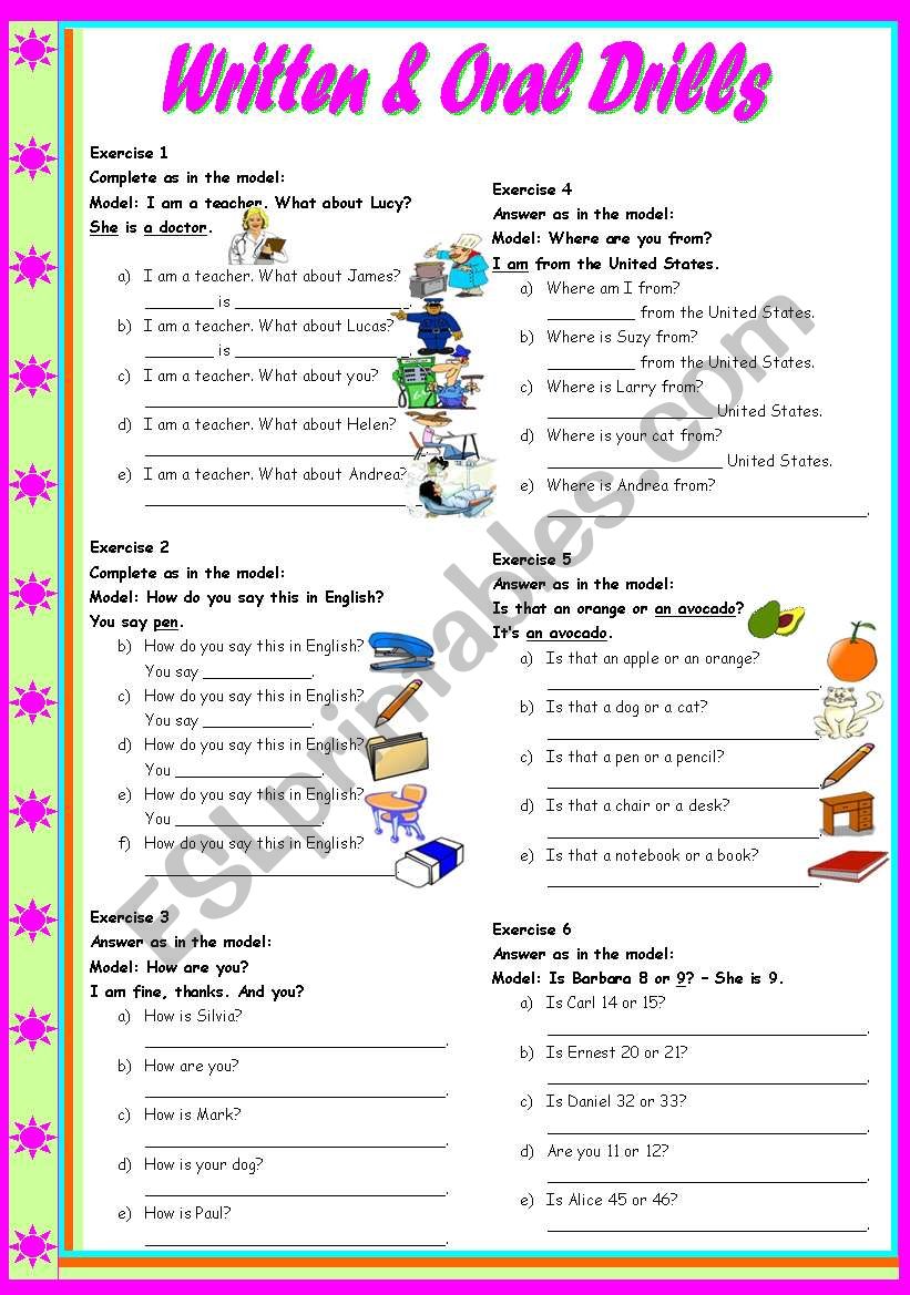 Unit 1, Lesson 1 – Written & Oral Drills – to be, personal pronouns, occupations, people, animals, fruit - with transcriptions and teacher’s directions ((4 pages)) ***editable