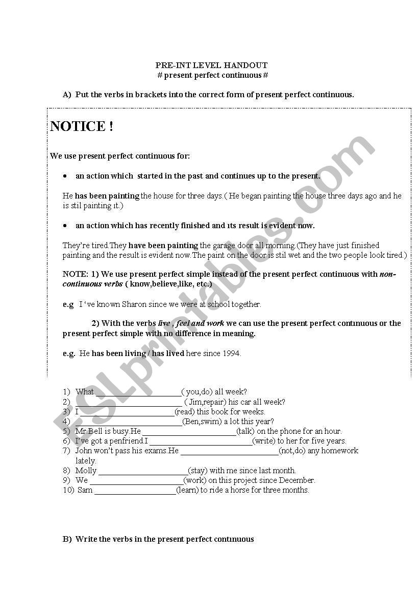 present perfect continuous handout & worksheet