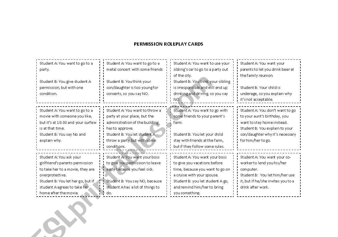 Permission roleplay cards worksheet