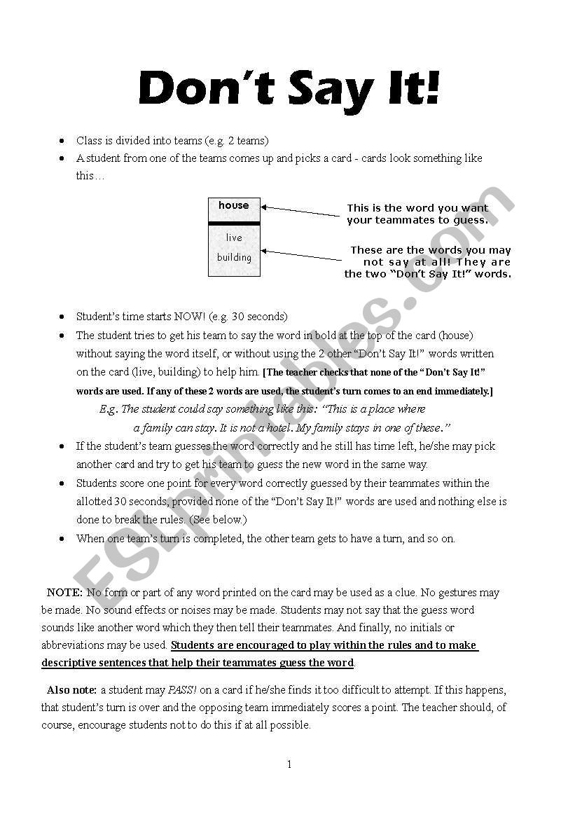 Dont say It! (Game) worksheet