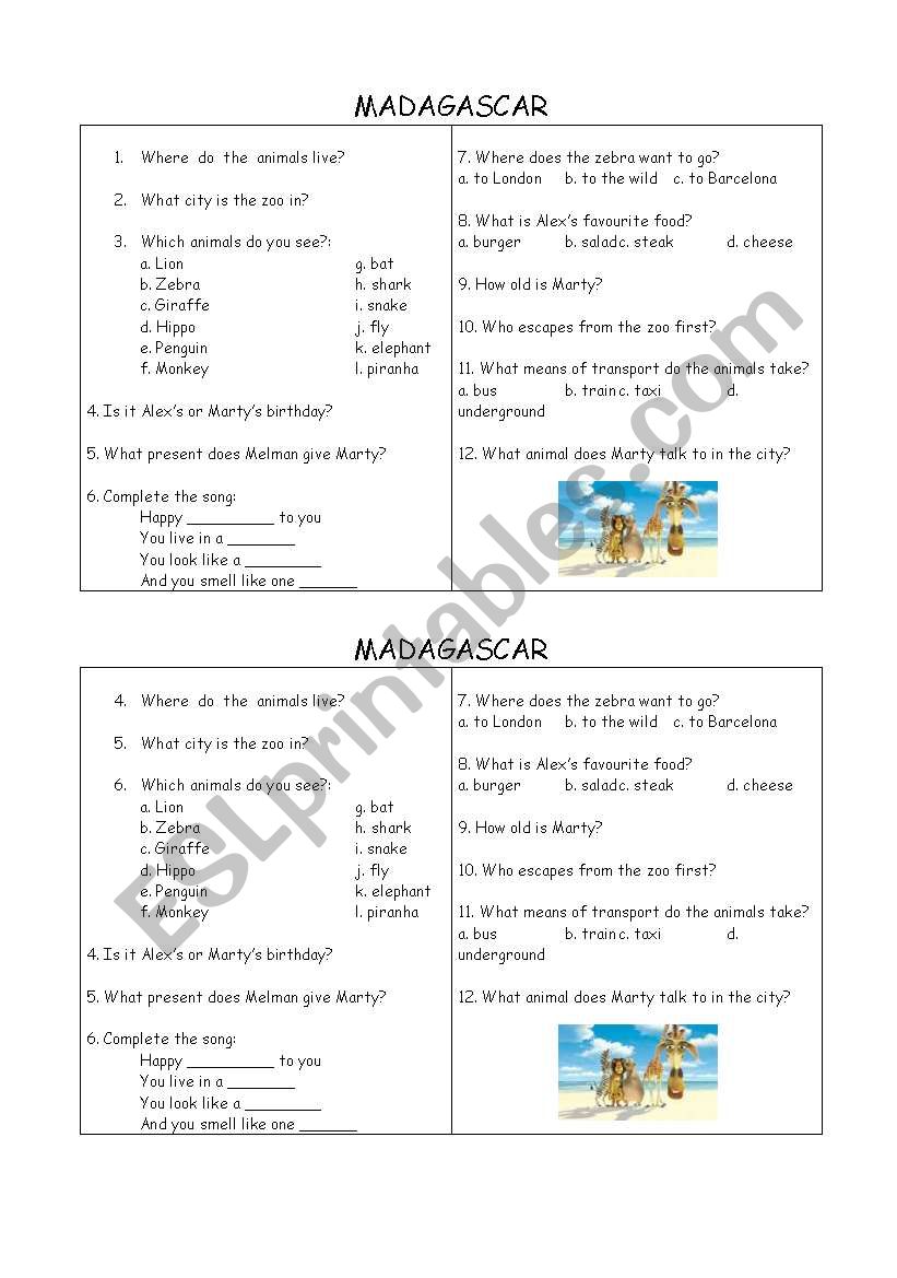 MADAGASCAR FILM PART 1 worksheet